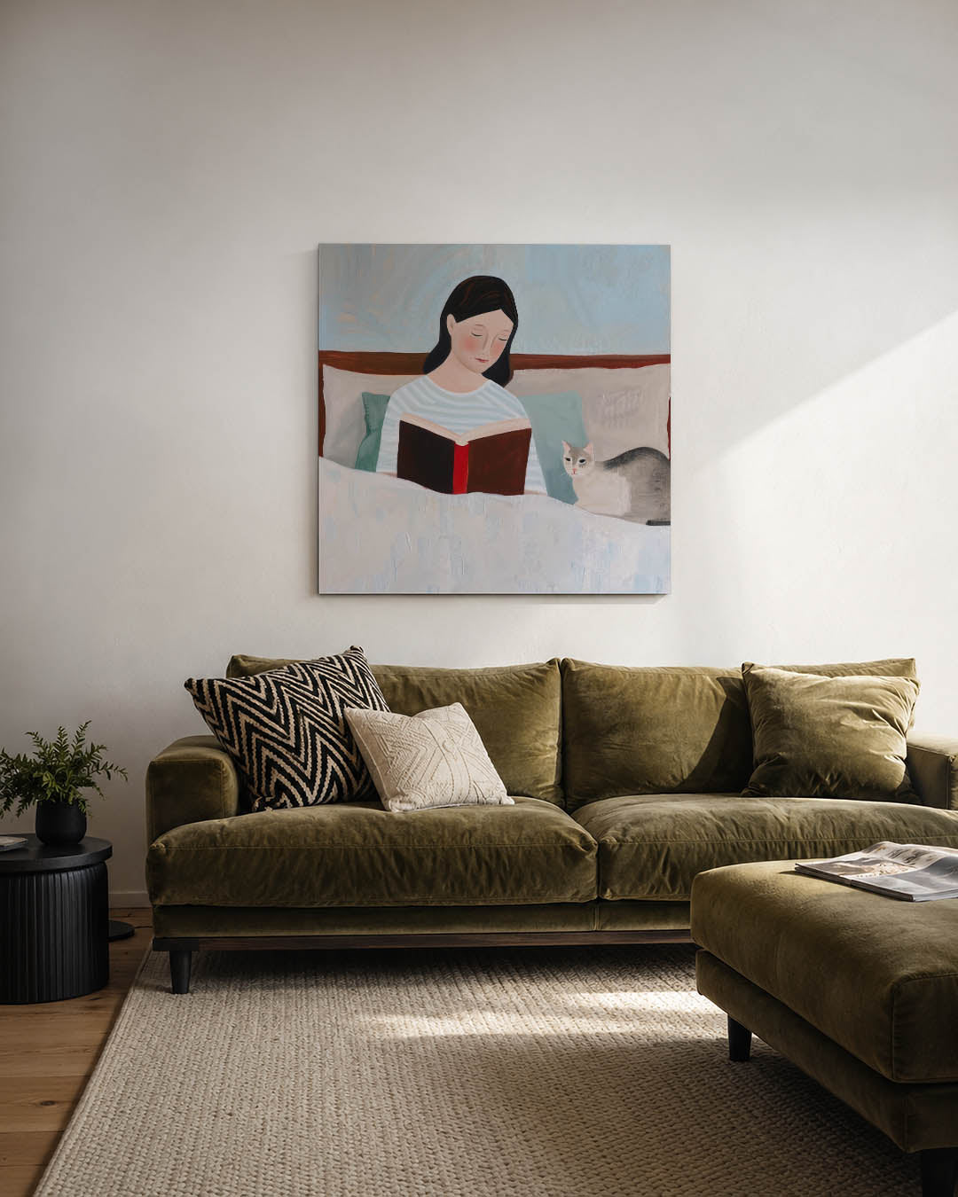 Rustige leesscène kunstwerk – derde productweergave – dit kunstwerk toont een serene scène van een vrouw die leest in bed