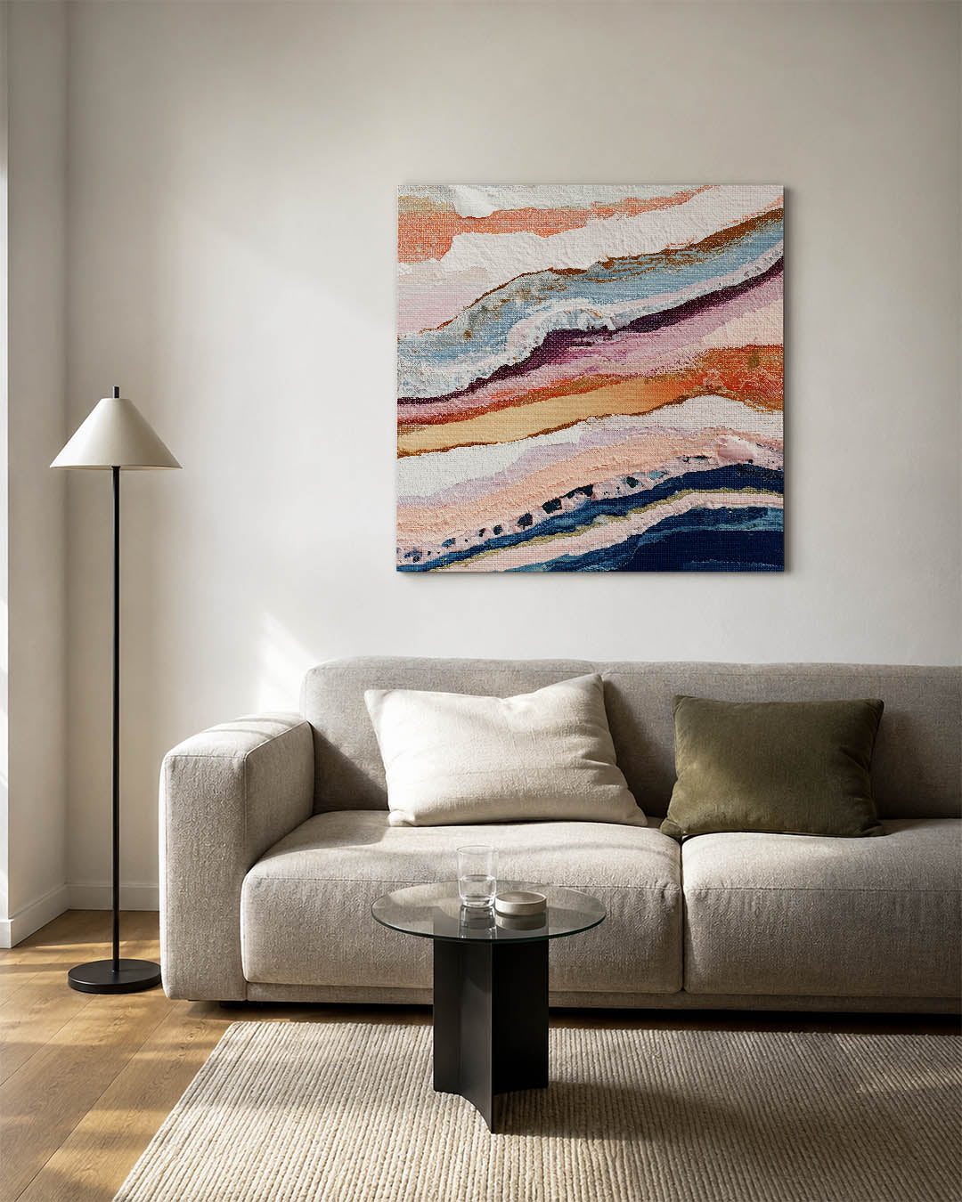 Gelaagde kleurencompositie kunstwerk – vierkante wanddecoratie – dit werk toont een dynamische mix van golvende lijnen en