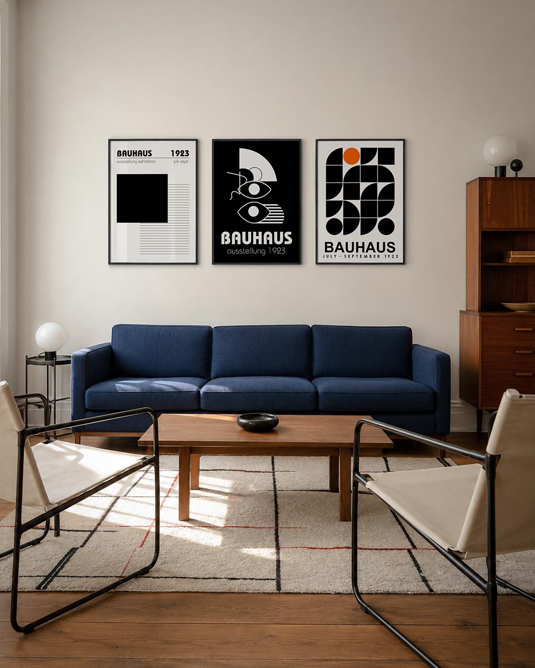 Vlak en lijnenspel driedelige posterset – deze posterset in drie delen toont een groot zwart vierkant dat contrasteert met