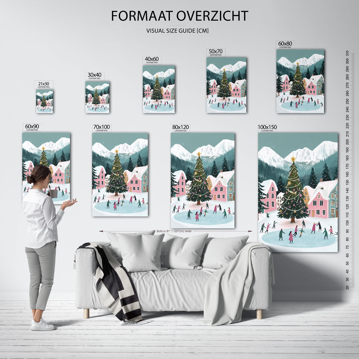 Schaatsende mensen bij kerstboom – staande muurposter voor de kinderkamer