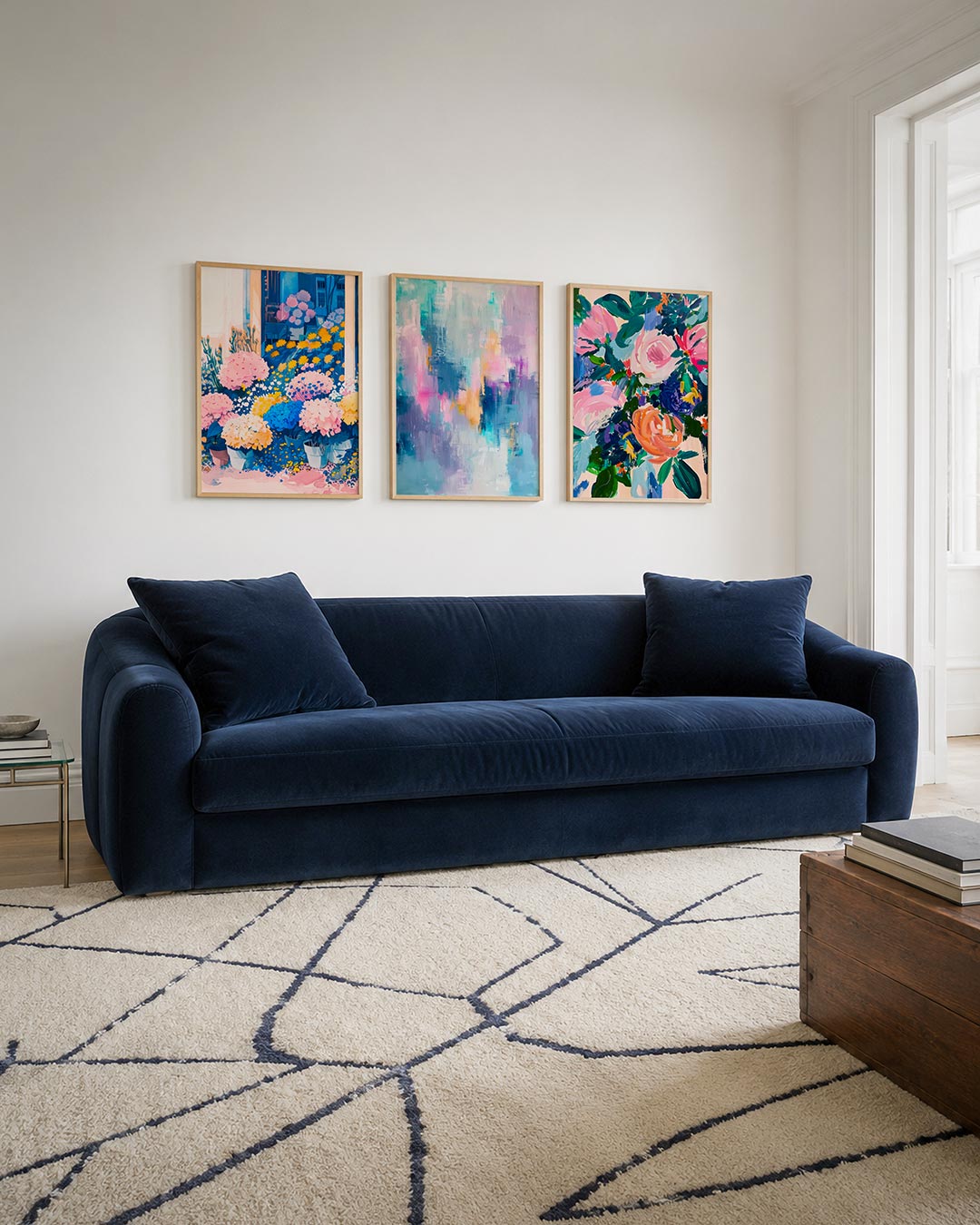 Bloemrijke kleurvlakken driedelige posterset – deze kleurrijke compositie toont een weelderige tuin met
