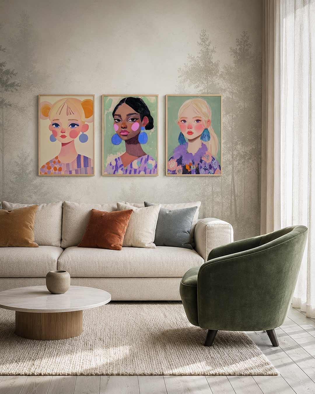 Kleurrijke portretvlakken driedelige posterset – een speelse compositie met ronde vormen en zachte kleuren