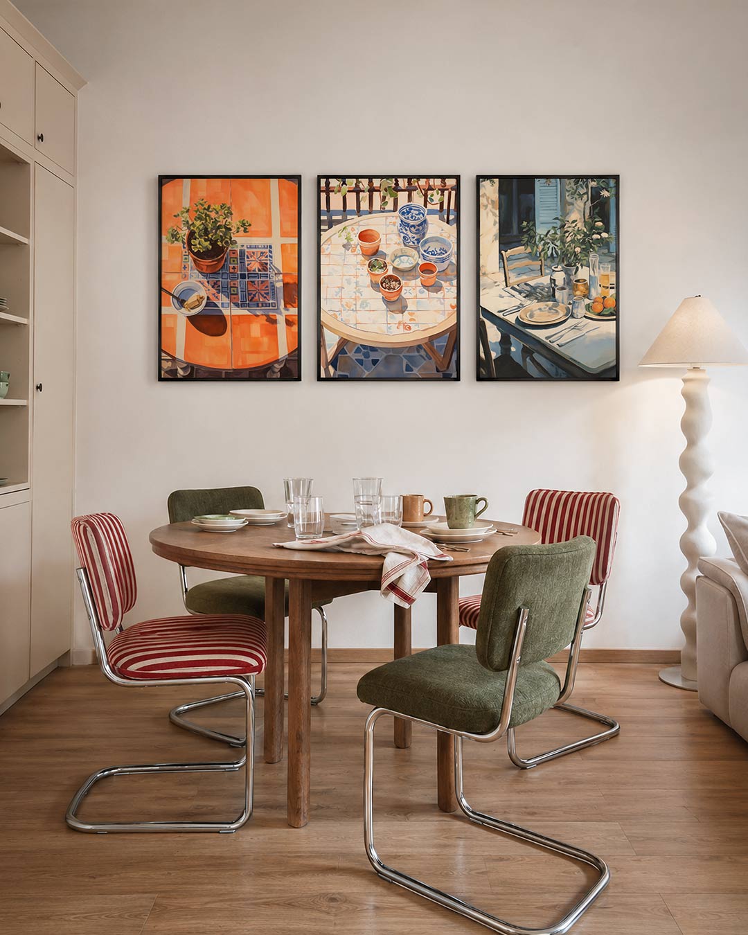 Tafelkleuren en schaduw driedelige posterset – een ronde tafel met oranje tegels en een kleurrijk patroon