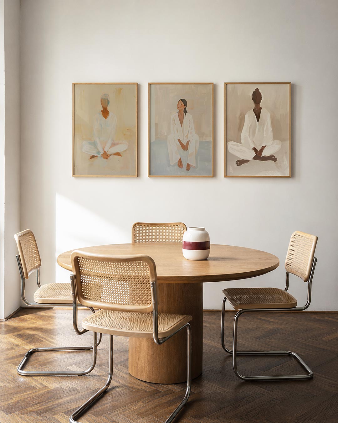 Zachte kleurvlakken posterset – derde productweergave – een serene compositie met zachte beige en witte tinten