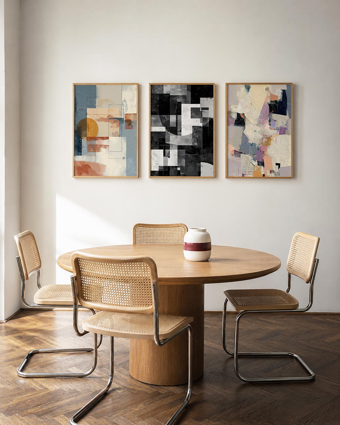 Vormen en vlakkenspel driedelige posterset in interieur