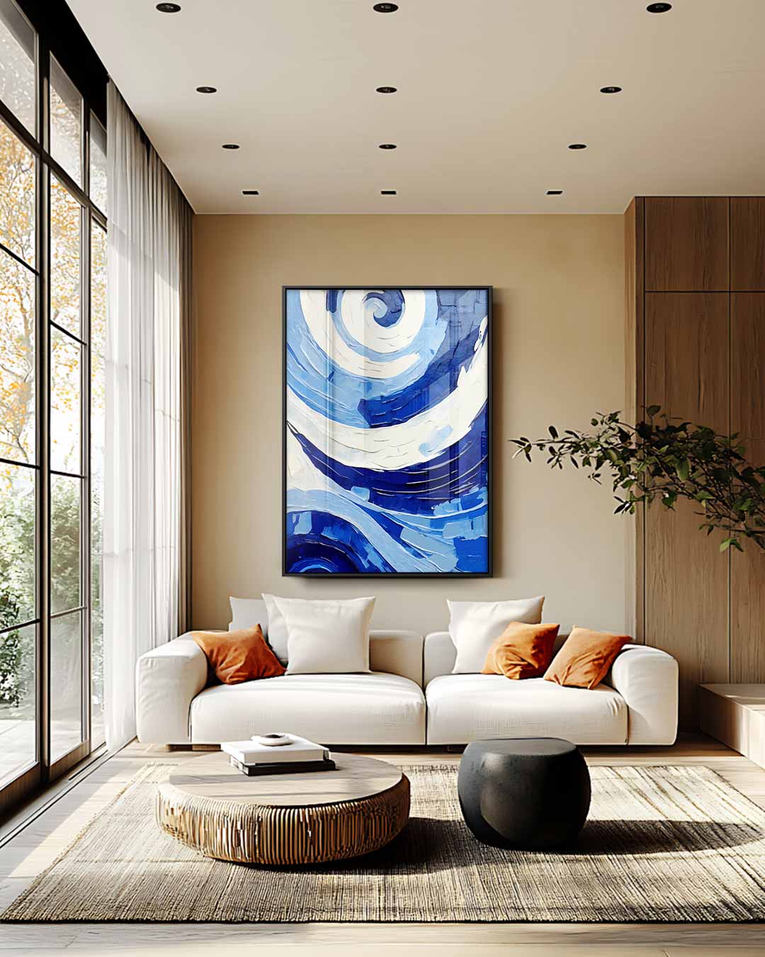 Spiralen van Blauw – staande wandkunst voor woonkamer of interieur