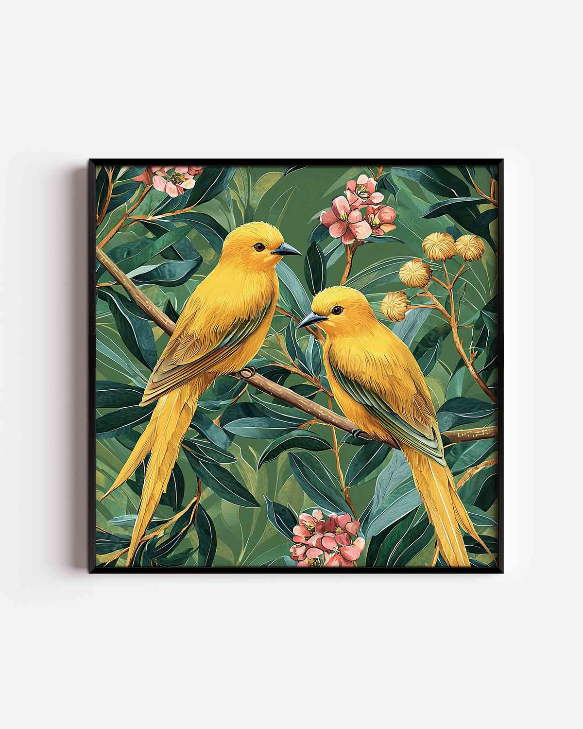 Gele vogels op tak – vierkante dierenposter als wanddecoratie