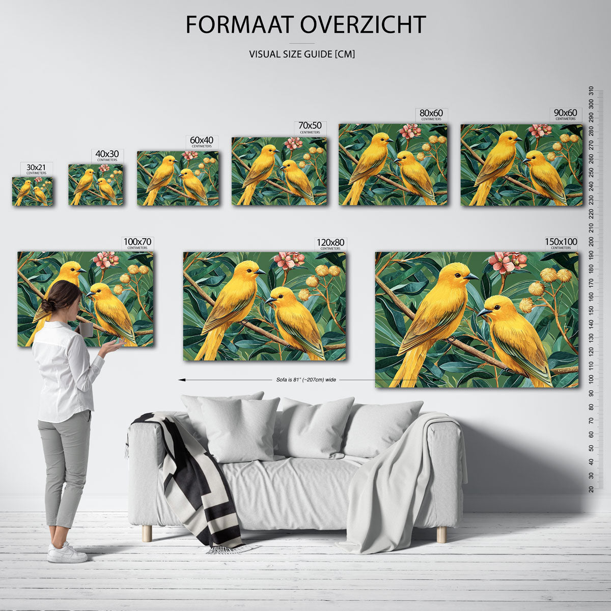 Gele vogels en bladeren – liggende muurposter met dierenthema