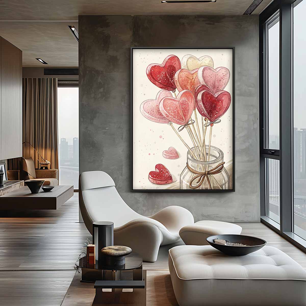 Hartvormige Snoeplollies in Pot – staande wandkunst voor woonkamer of interieur