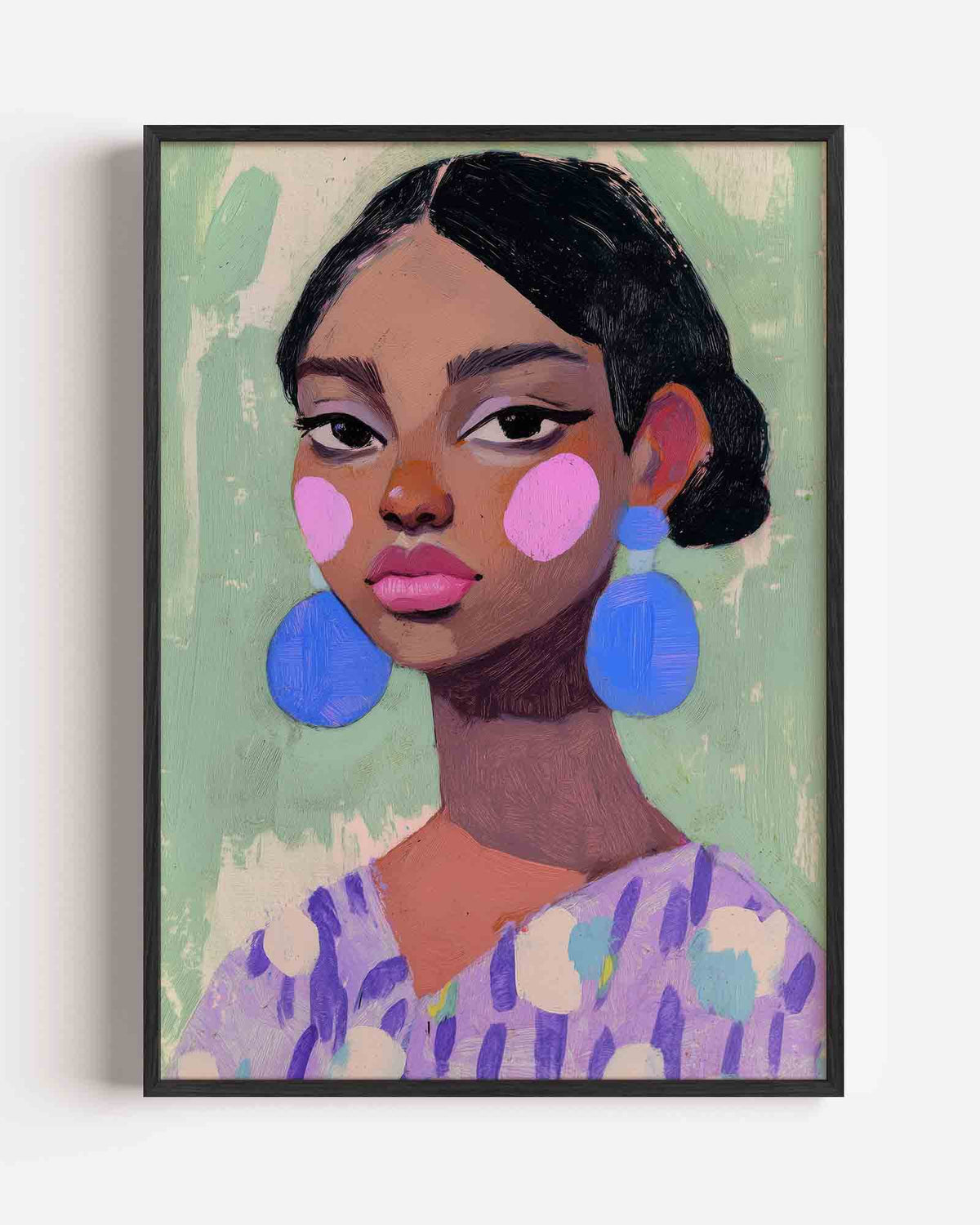 Vrouw met blauwe oorbellen – moderne portret poster als wanddecoratie