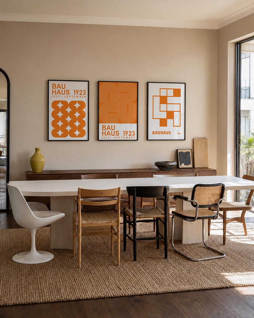 Oranje vormenspel posterset – tweede productweergave – deze posterset in drie delen toont een levendig oranje patroon van