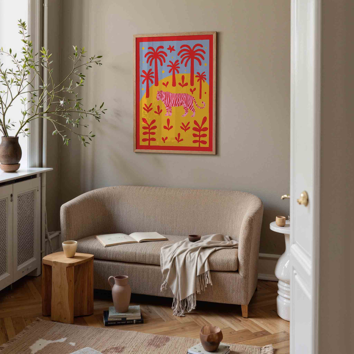Tijger en palmbomen – botanische poster in staand formaat