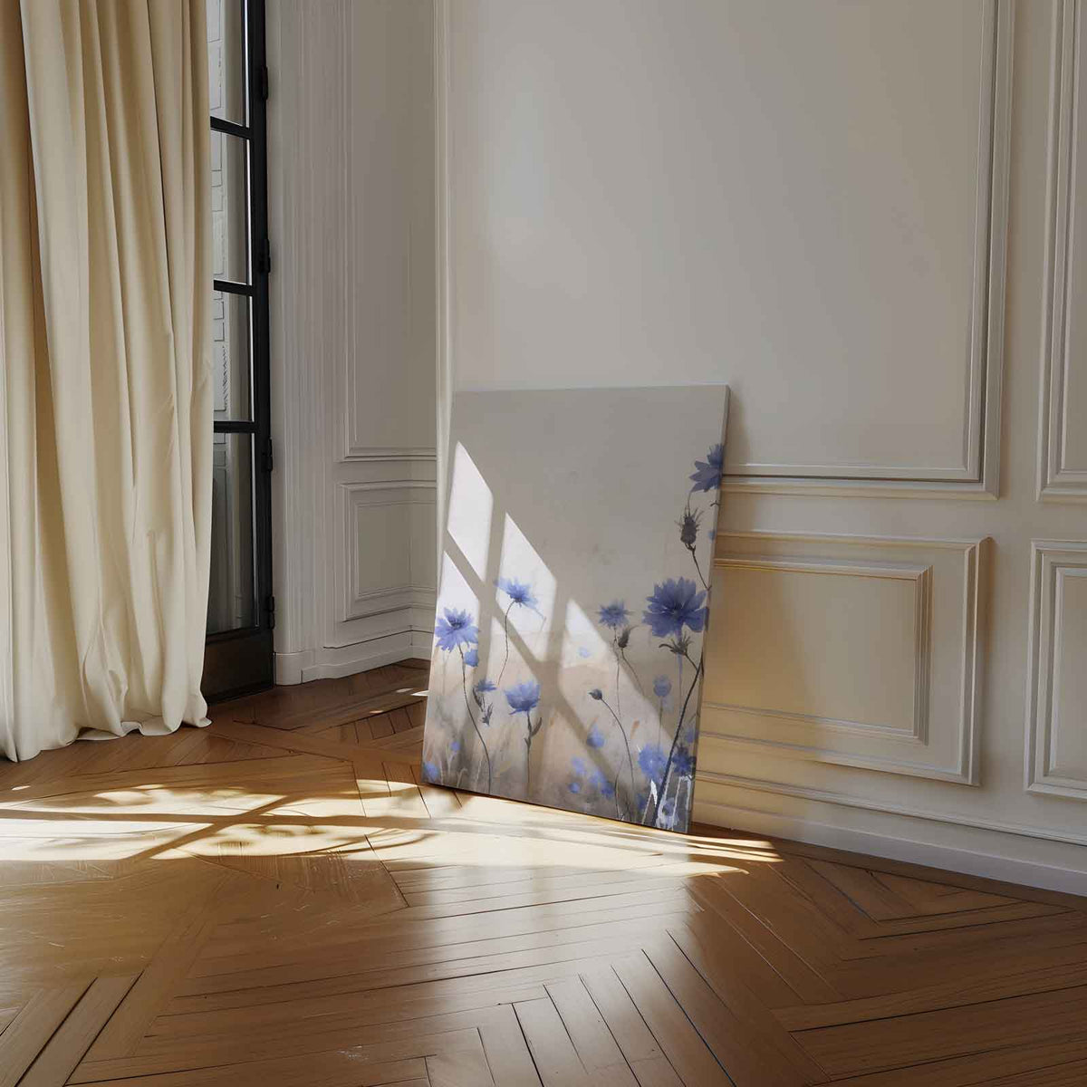 Blauwe Bloemen in Zachte Aquarel – canvas wanddecoratie in portret formaat