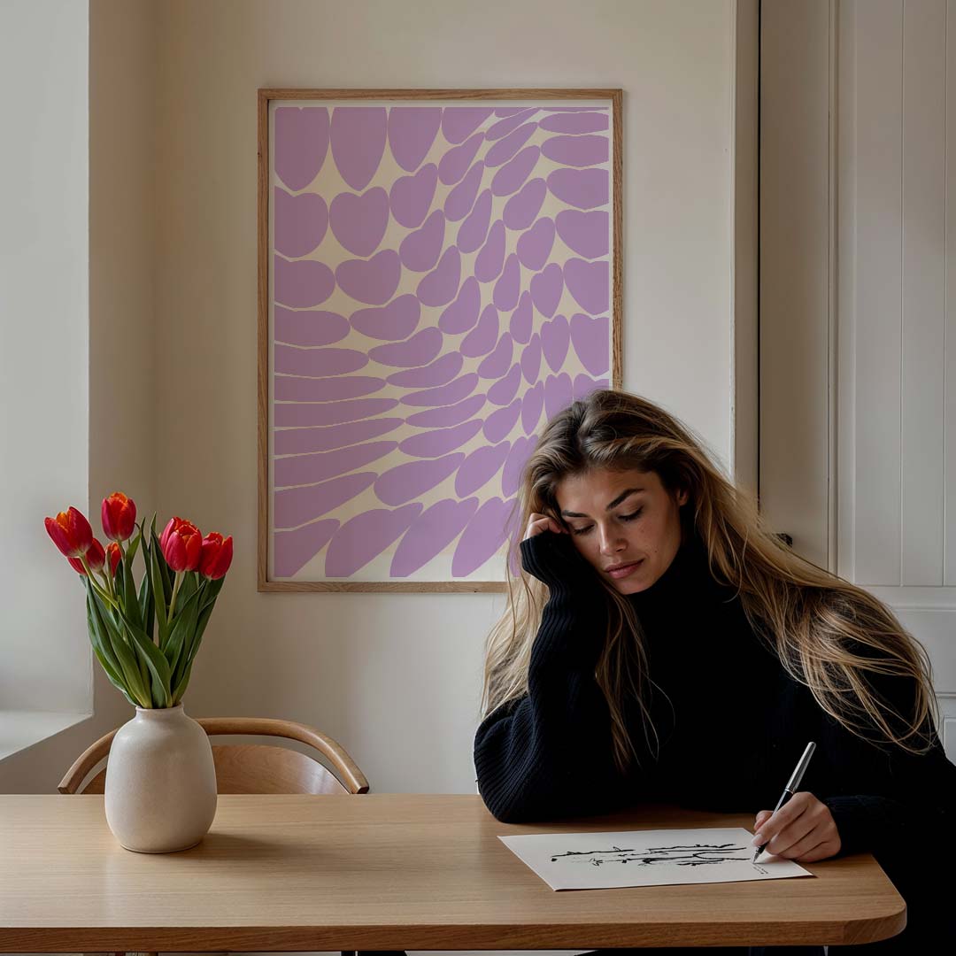 Paarse Hartjes Wandkunst – staande muurposter voor een modern interieur