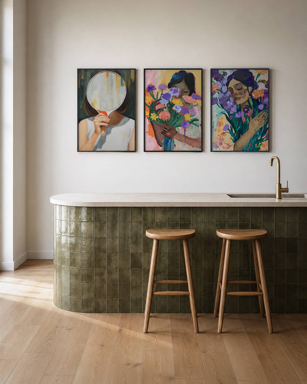 Spiegel en kleur posterset – tweede productweergave – een hand houdt een spiegel vast, reflecterend in zachte