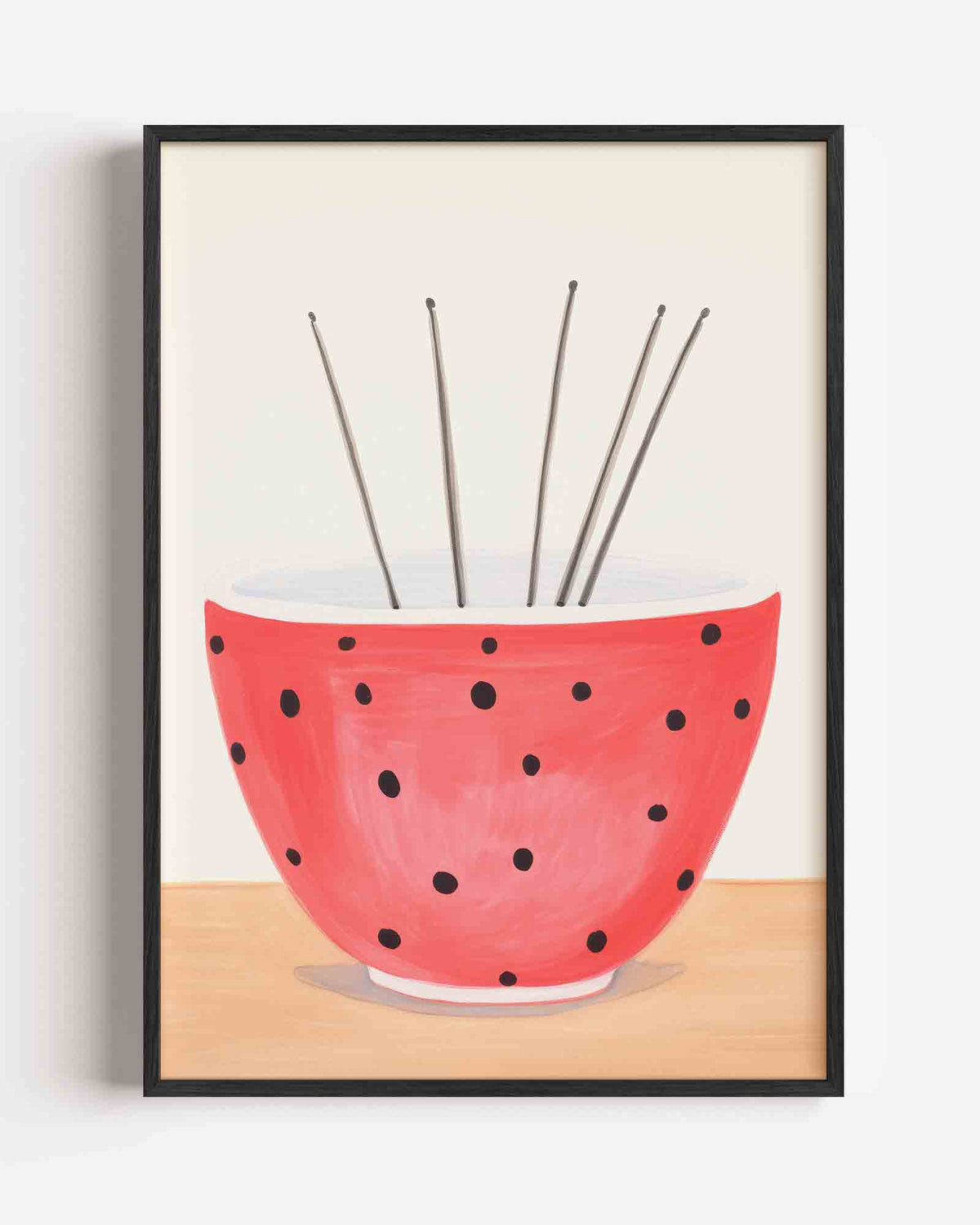 Rode kom met zwarte stippen – Kunst & Design poster als staande wanddecoratie