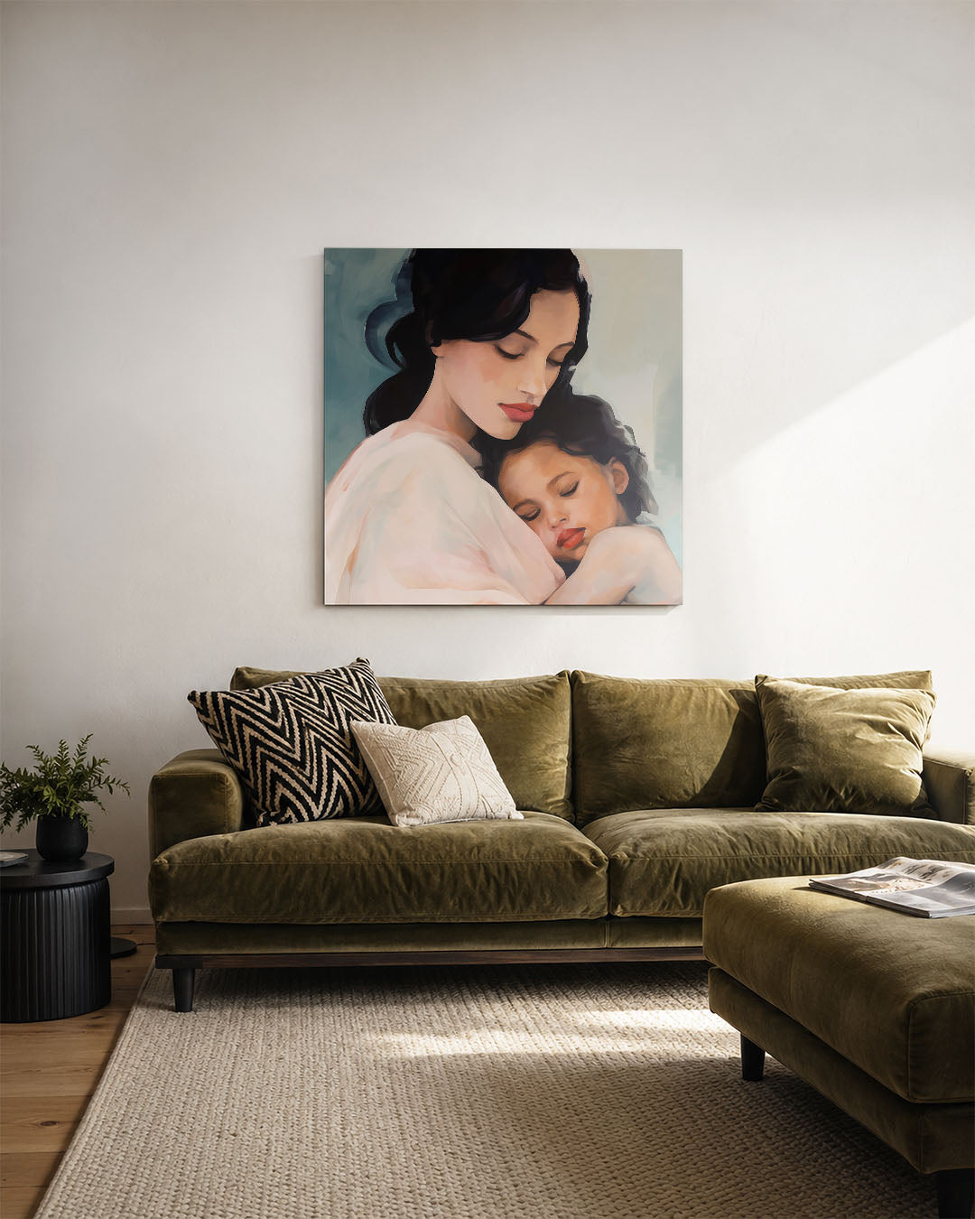 Intieme omhelzing kunstwerk – derde productweergave – dit kunstwerk toont een serene moeder die haar kind liefdevol omarmt.