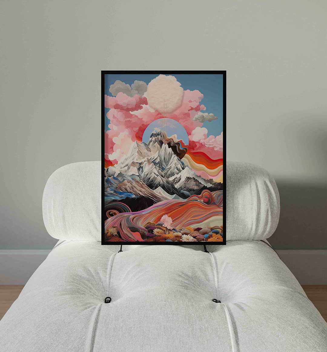 Berglandschap met kleurrijke wolken – staande surrealistische wanddecoratie van WallArtistic