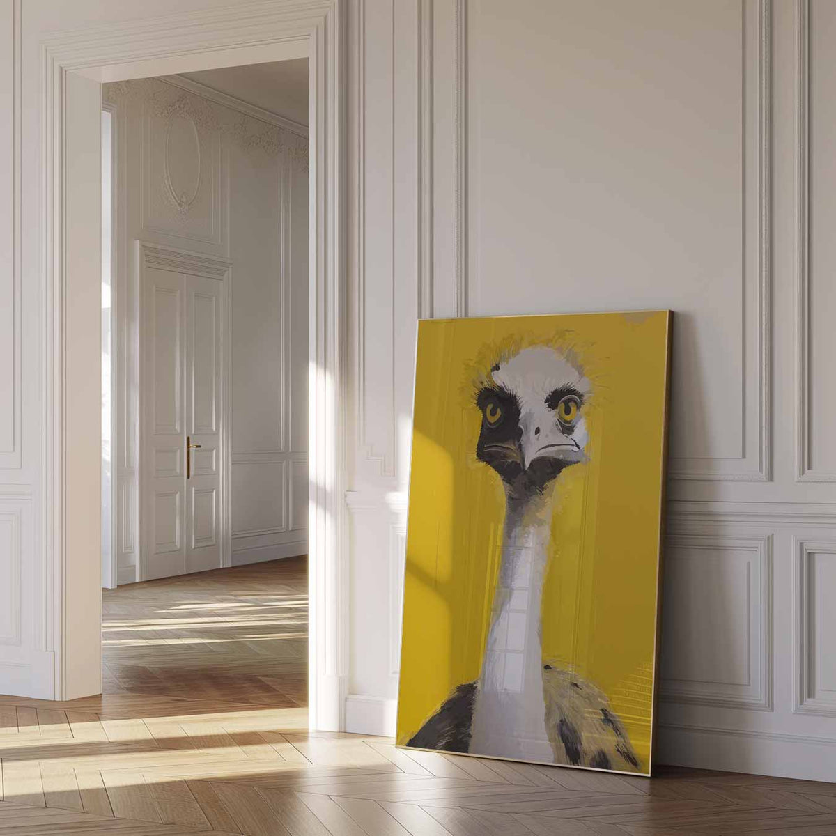 Kleurrijke Struisvogel Blikvanger – dierenposter als moderne staande wanddecoratie