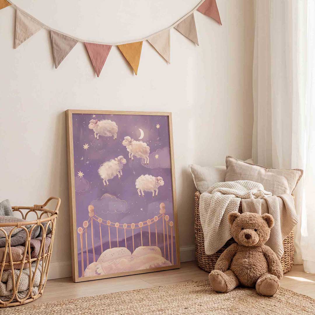 Schapen en bed – speelse wandkunst als portret kinderposter