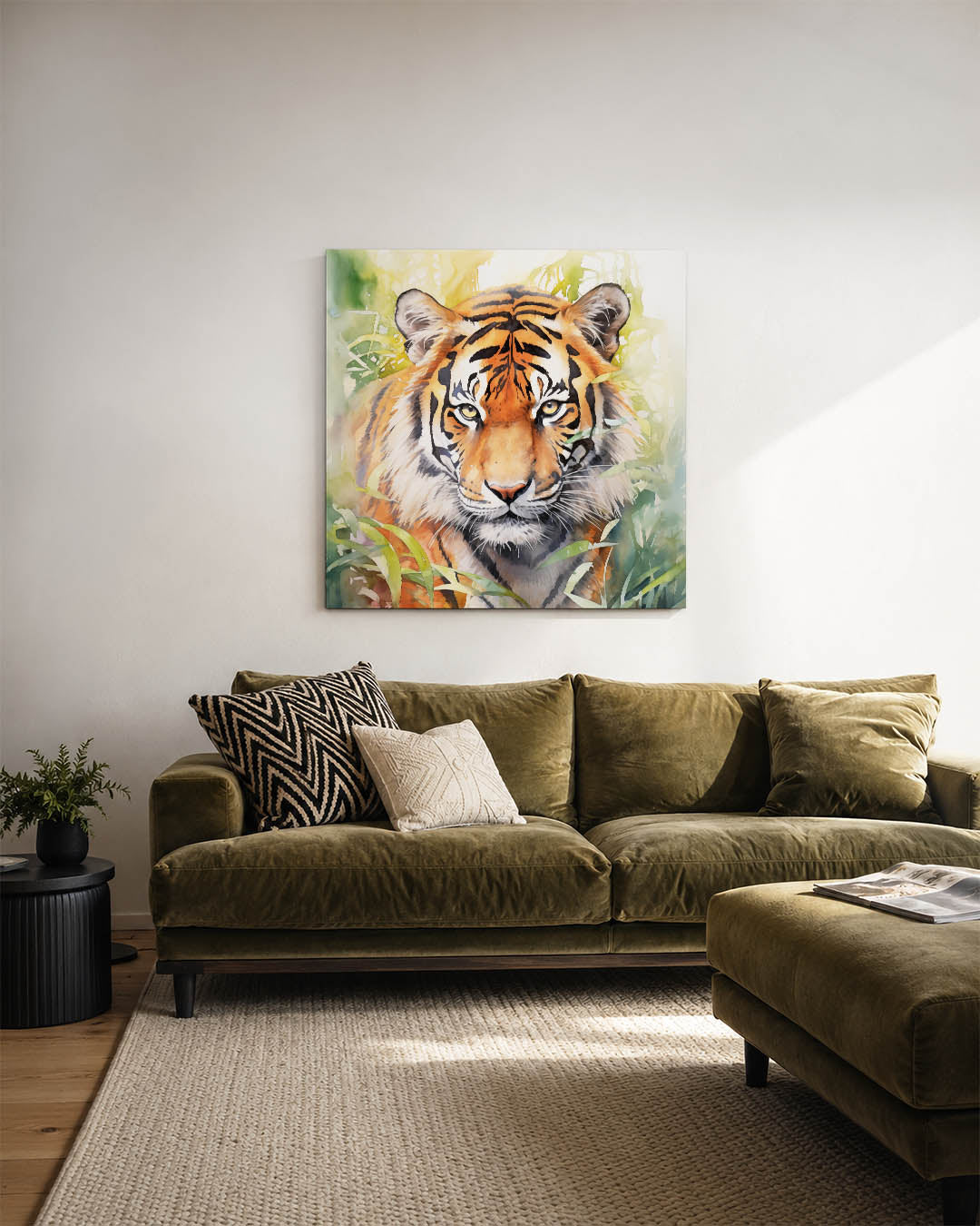 Tijger in jungle kunstwerk – sfeerbeeld – dit werk toont een tijger te midden van groene bladeren. De levendige kleuren en