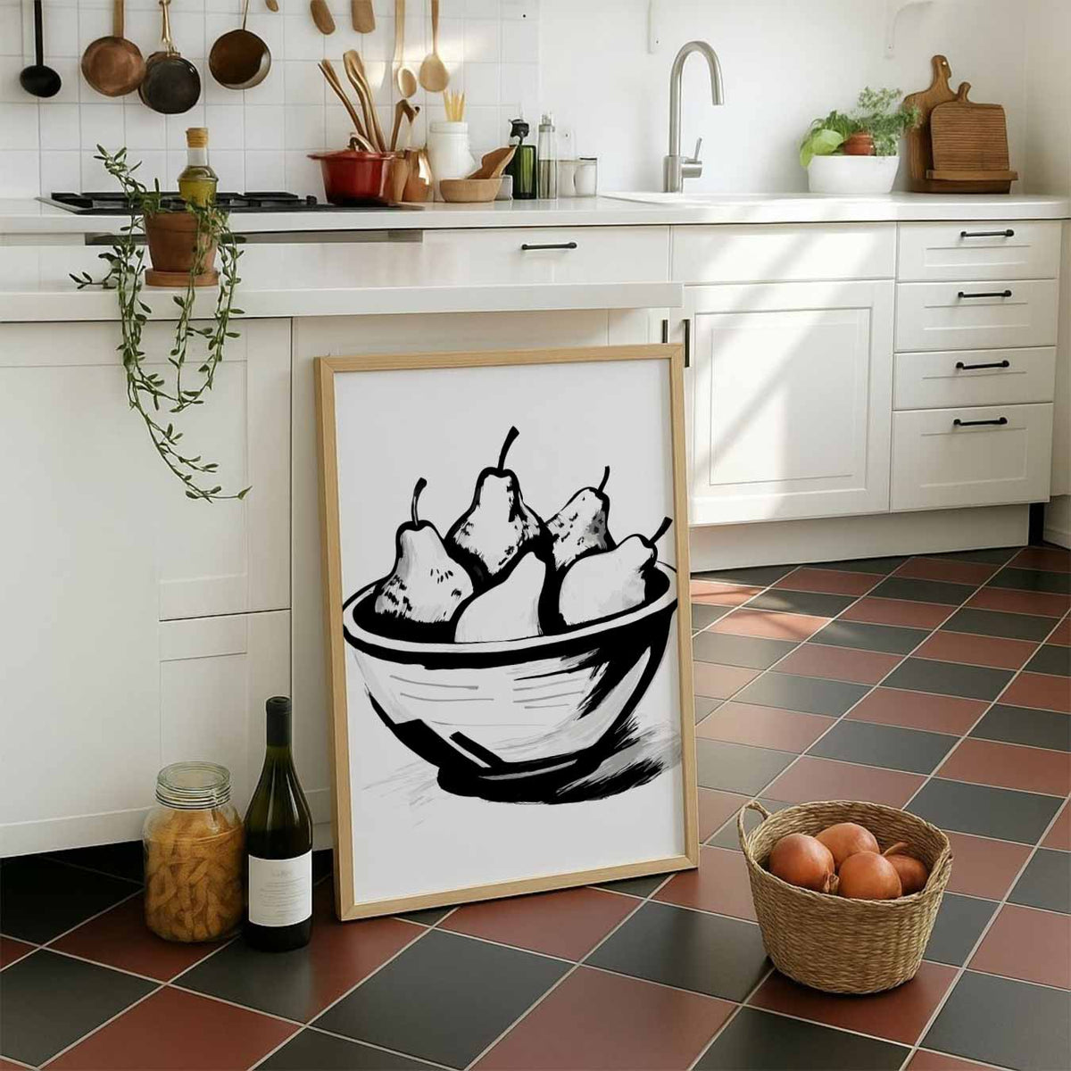 Stijlvolle Perenschalen – staande muurposter voor keuken of eethoek