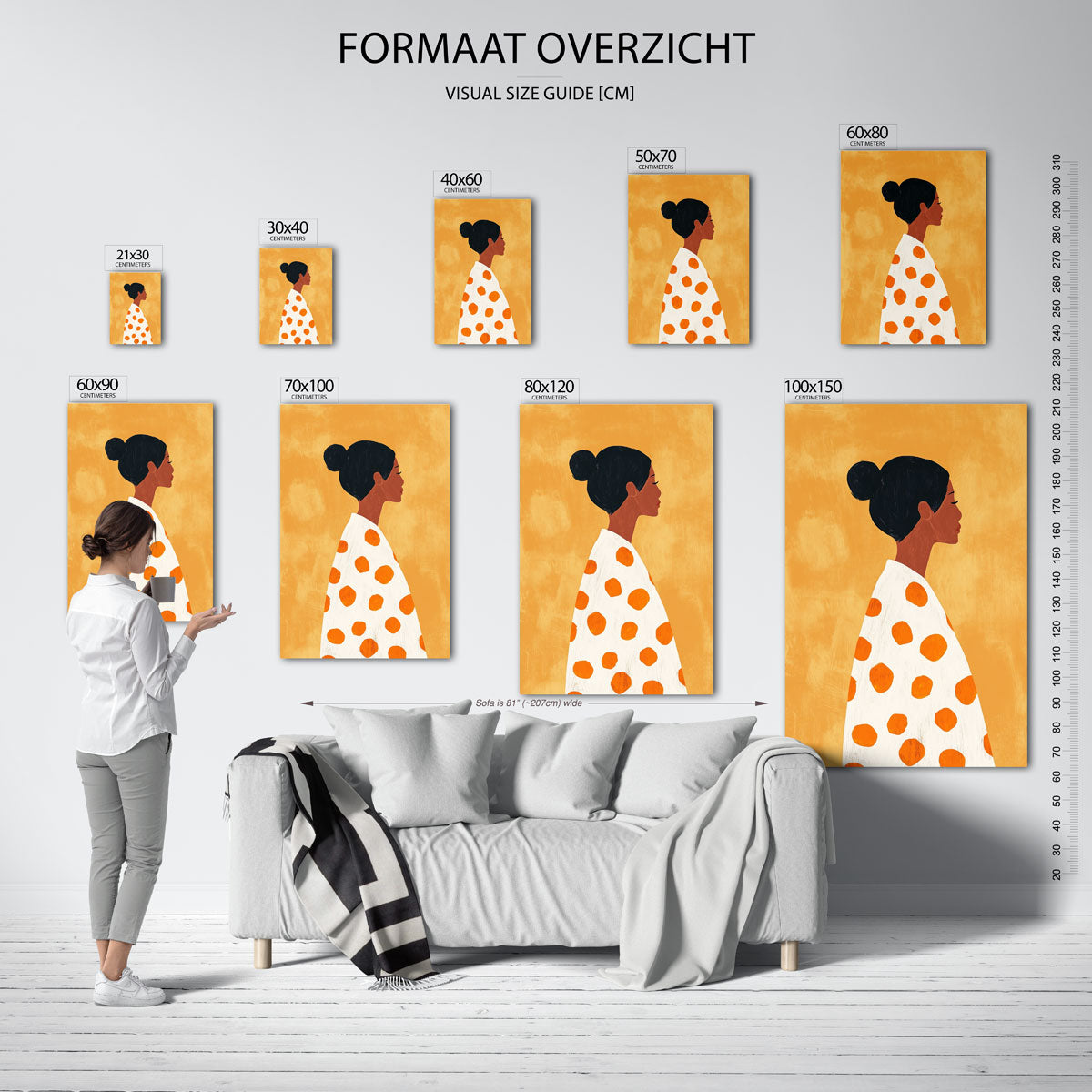 Vrouw met oranje stippen – staande muurposter voor een modern interieur