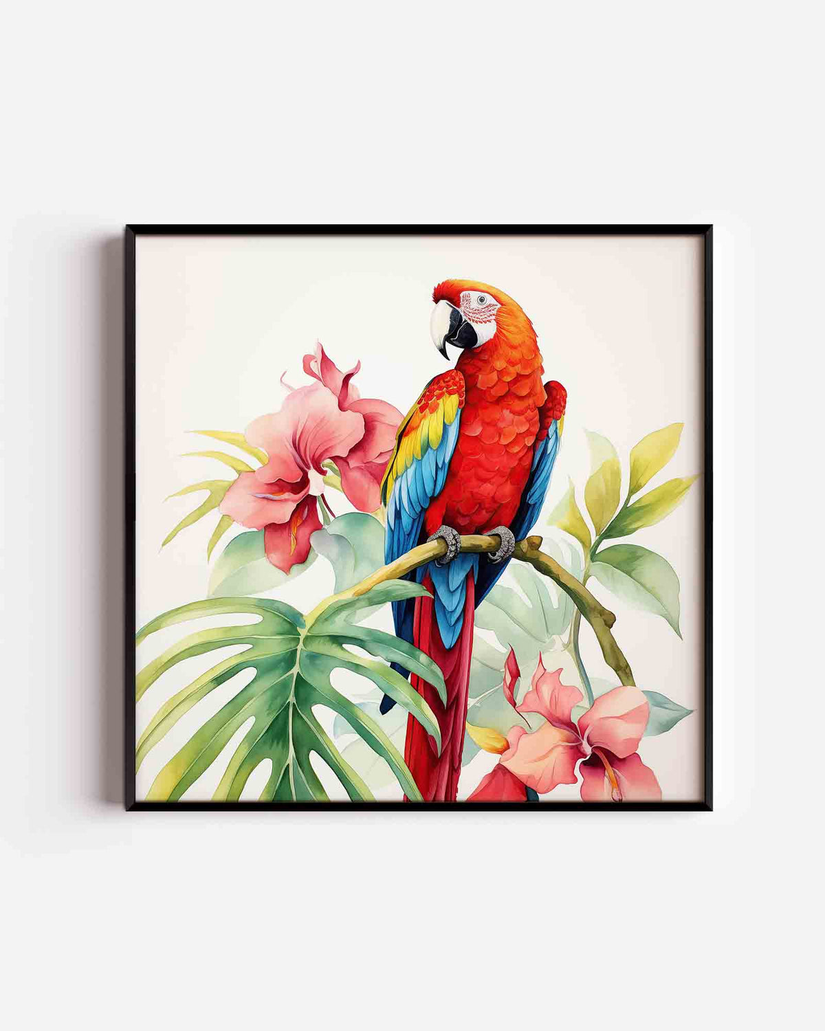 Papegaai en bloemen – jungle vierkante poster als wanddecoratie