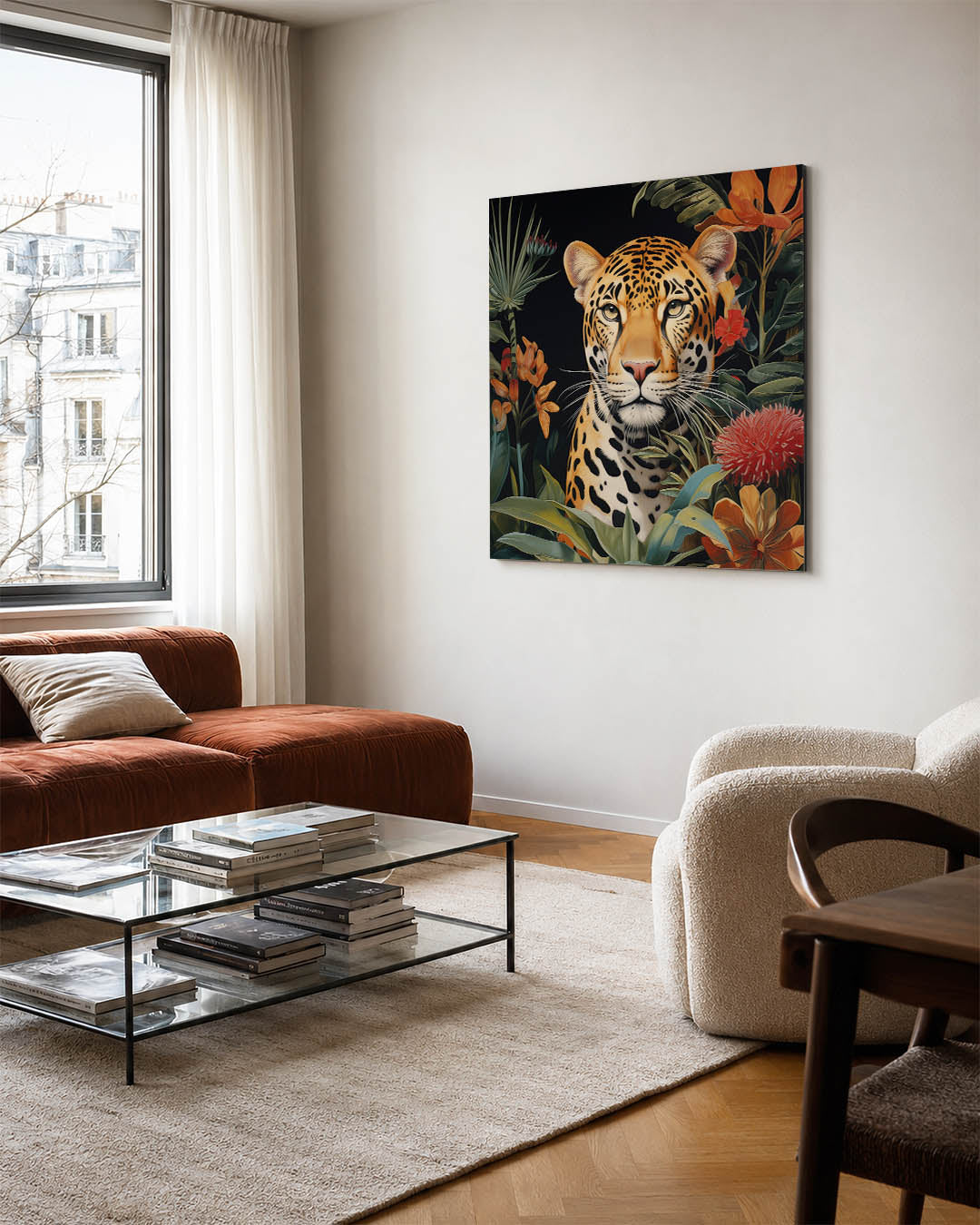 Dier in jungle kunstwerk – vierkante wanddecoratie – dit kunstwerk toont een gedetailleerde afbeelding van een dier omringd