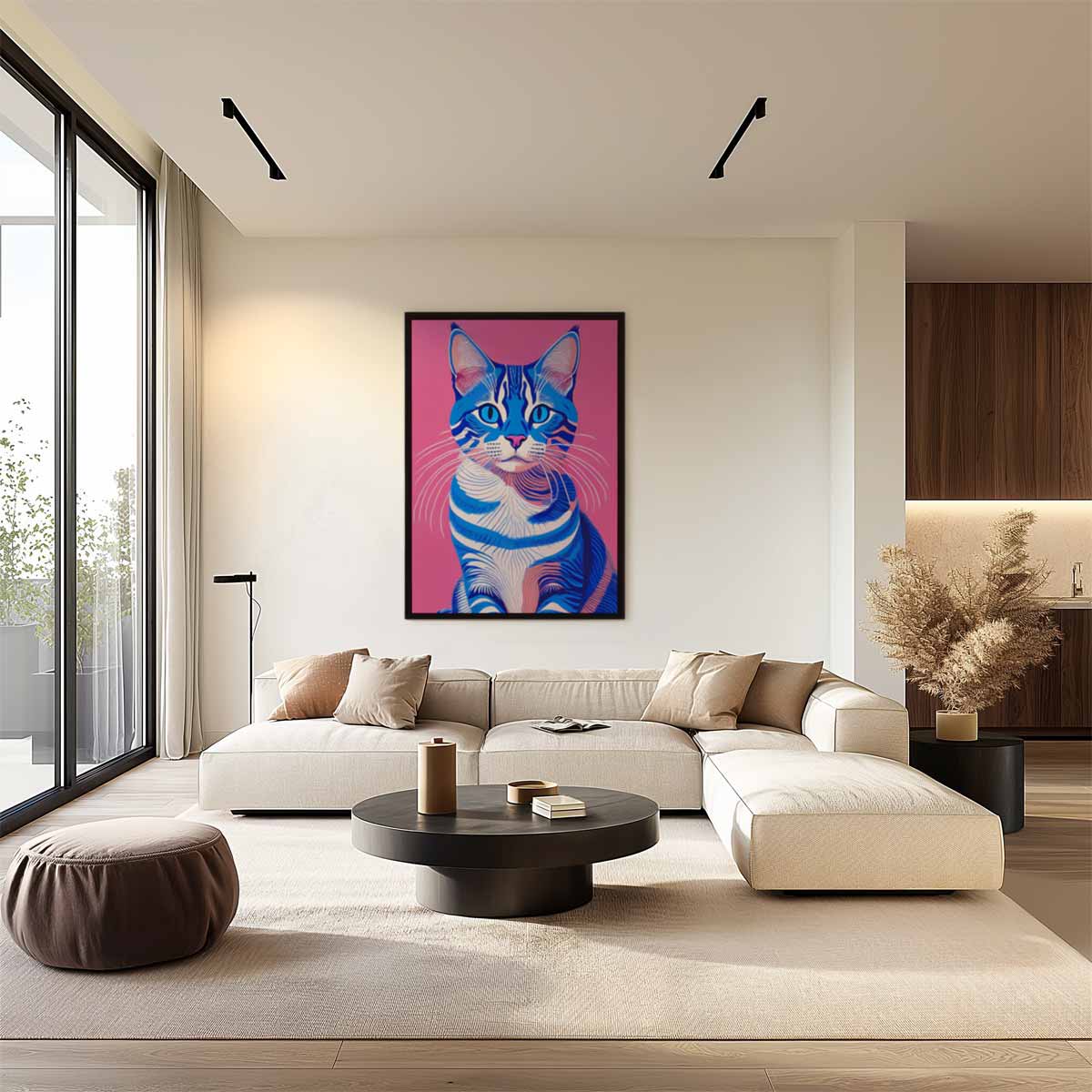 Blauw en Roze Kat Portret – staand kunstwerk voor modern interieur