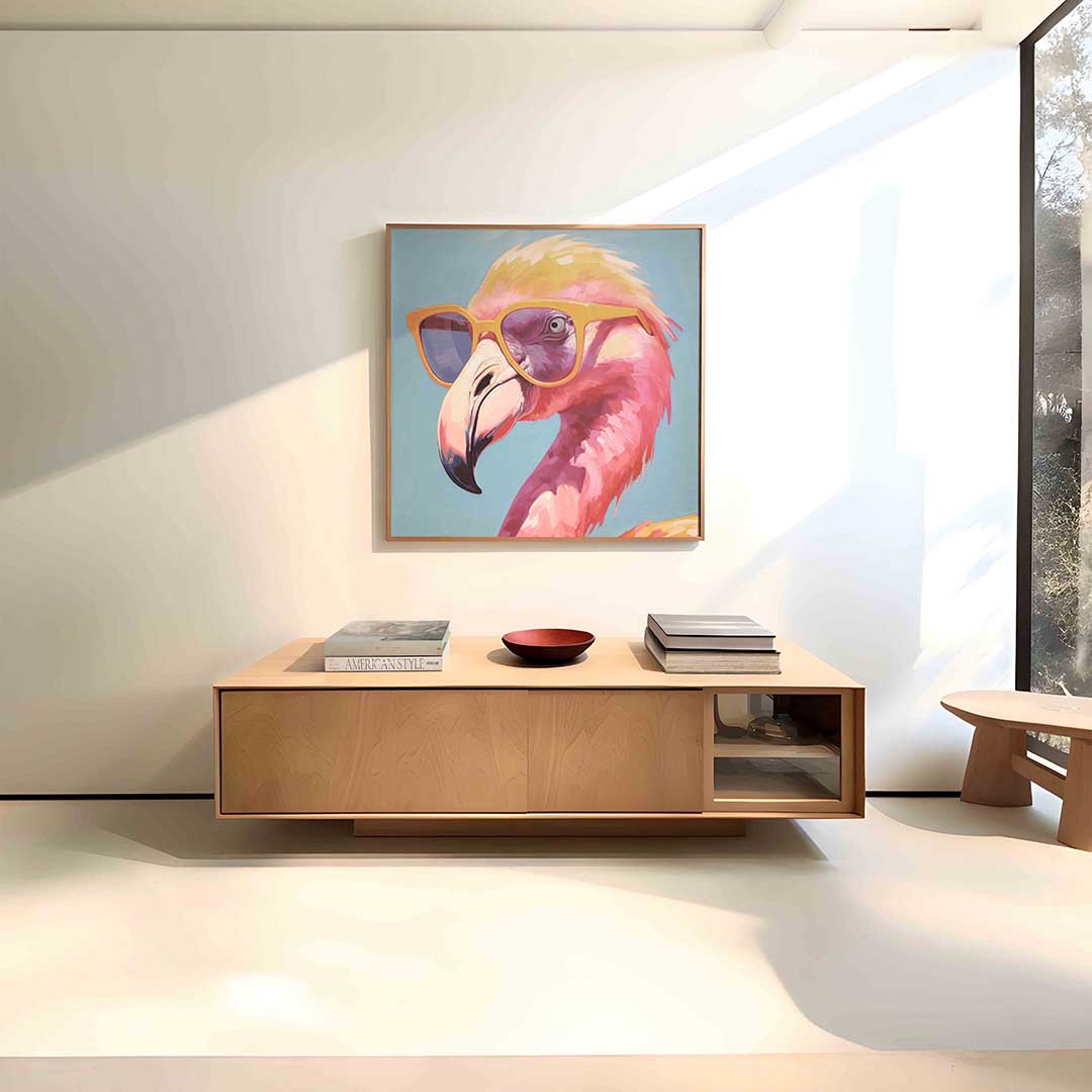 Flamingo met zonnebril – vierkante dieren wanddecoratie van WallArtistic