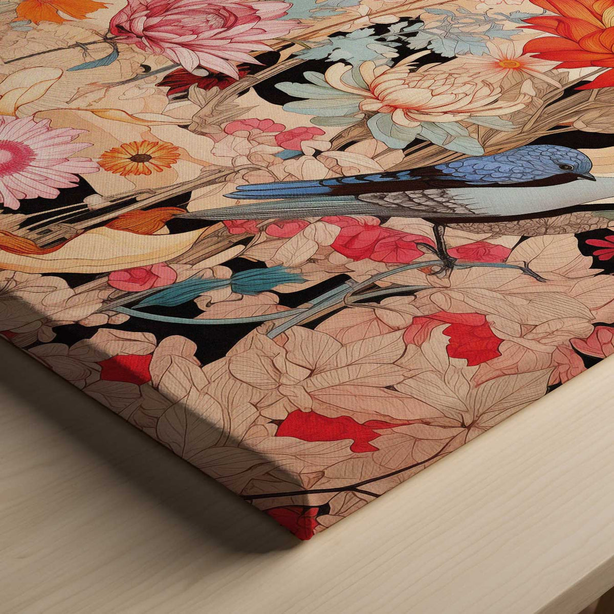 Vrolijke Bloemnatuur met Blauwe Vogel – canvas kunstwerk als wanddecoratie