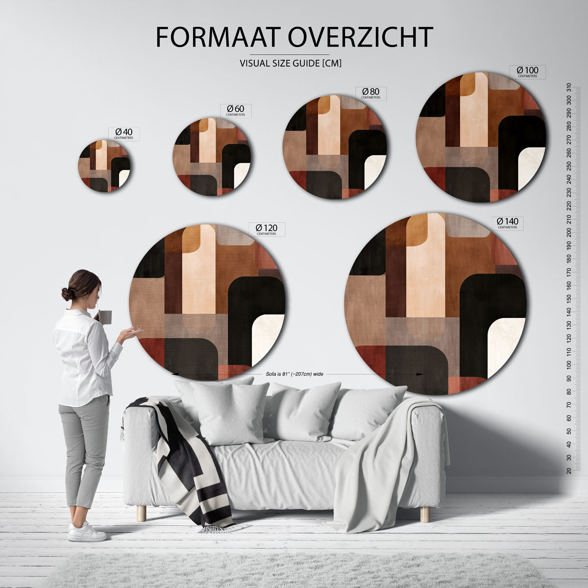 Abstracte vormen – ronde muurdecoratie met vrouwelijk portret