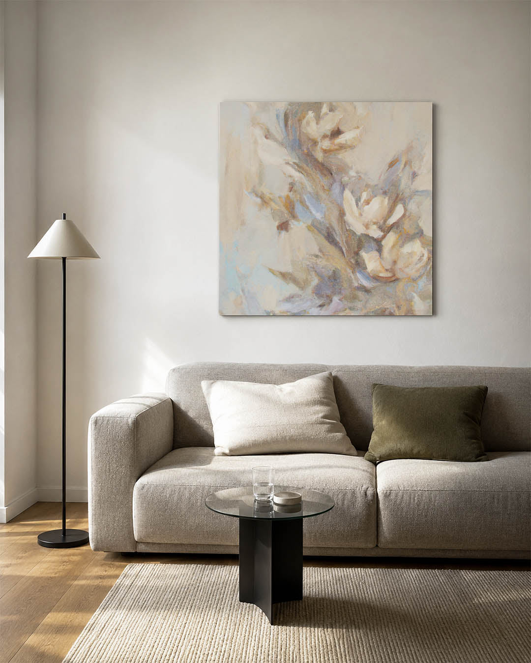 Dromerige bloemvormen kunstwerk – vierkante wanddecoratie – dit kunstwerk toont zachte bloemvormen in een vloeiende