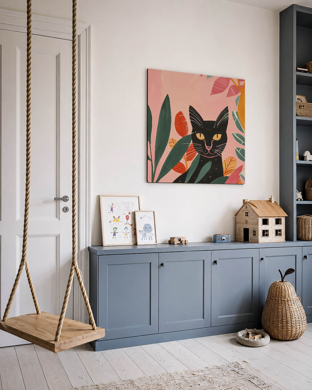 Kleurrijke kat en bladeren kunstwerk – vierkante wanddecoratie – dit kunstwerk toont een zwarte kat omringd door kleurrijke