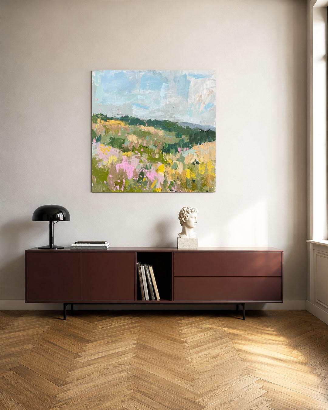 Kleurrijk landschap kunstwerk – tweede productweergave – dit werk toont een levendig landschap met een mix van groene velden