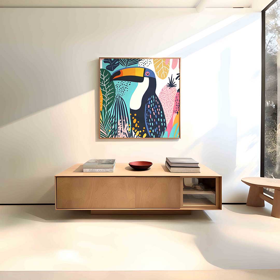 Toekan en bladeren – vierkante dieren wanddecoratie van WallArtistic
