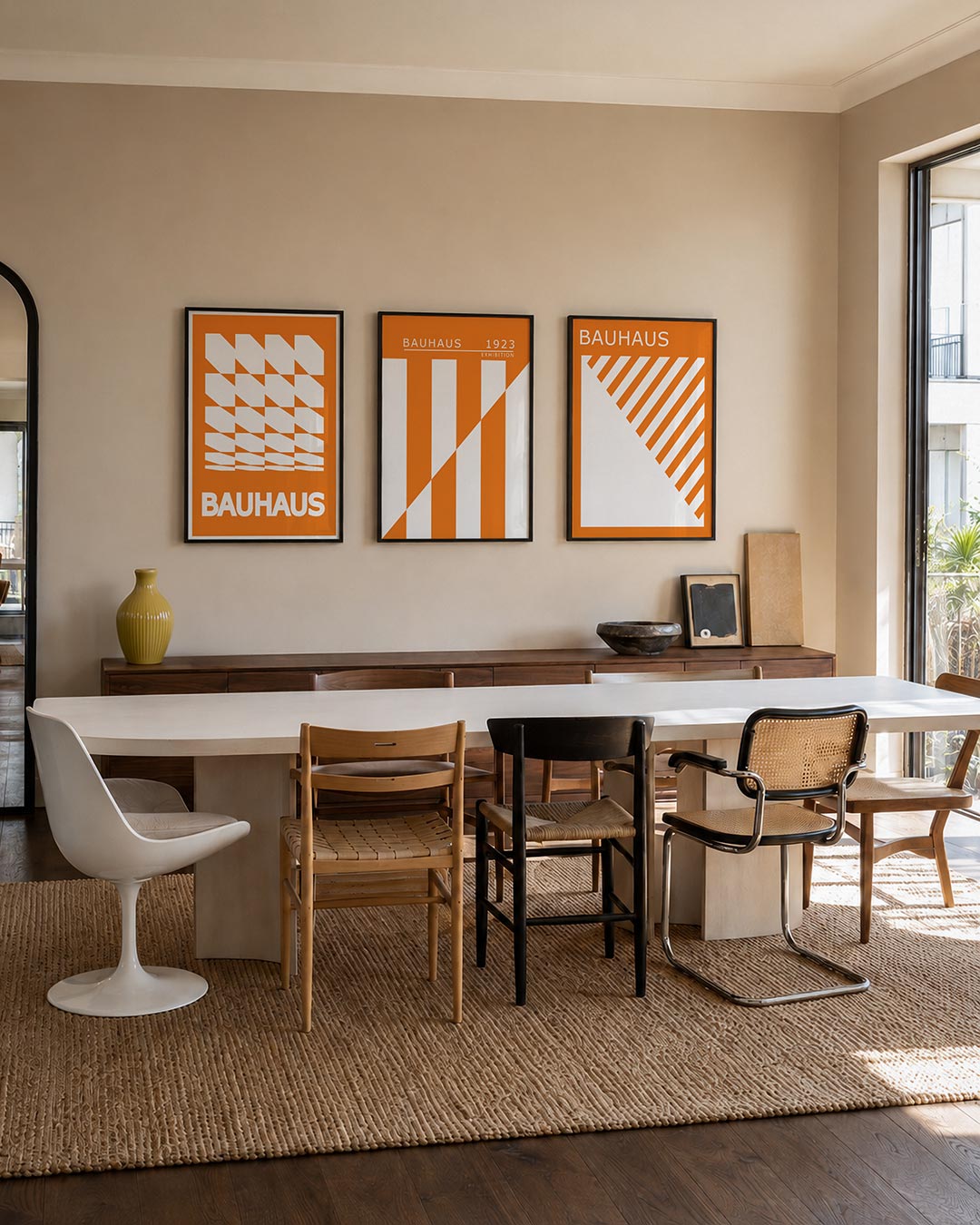 Oranje vlakritme posterset – tweede productweergave – deze posterset in drie delen toont een levendig spel van oranje en