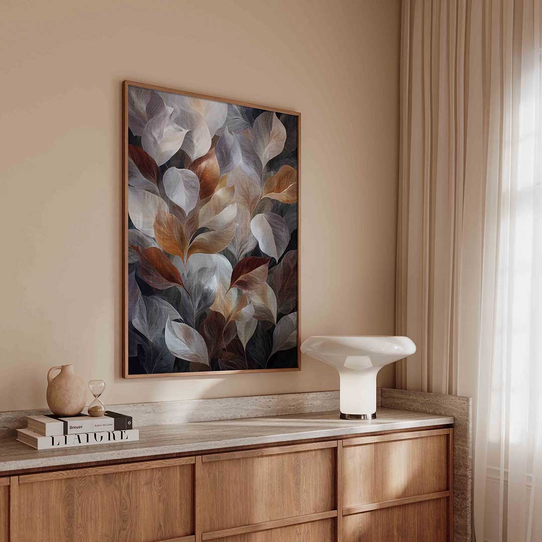 Bladeren in aardetinten – abstracte poster in staand formaat