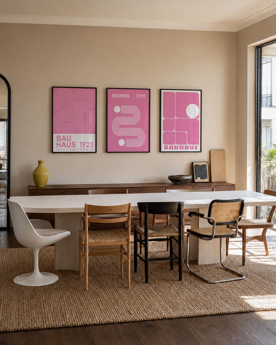 Lijnen en bochten driedelige posterset – deze posterset in drie delen toont een speels lijnenspel van witte bogen en rechte