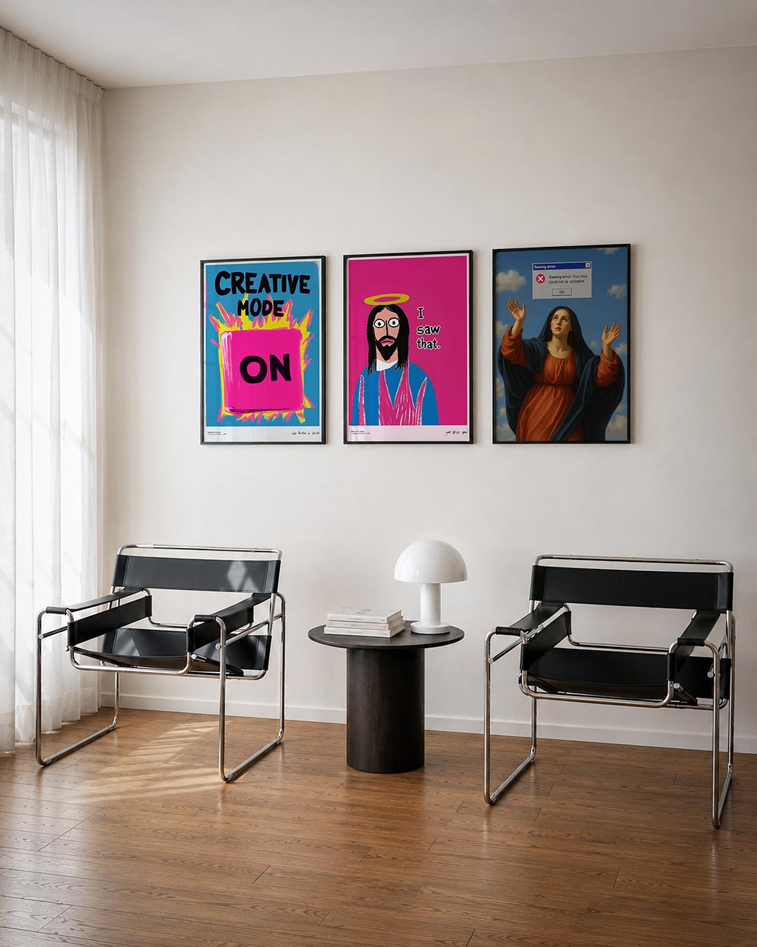 Kleurrijke energie driedelige posterset – een levendige compositie met een felroze rechthoek