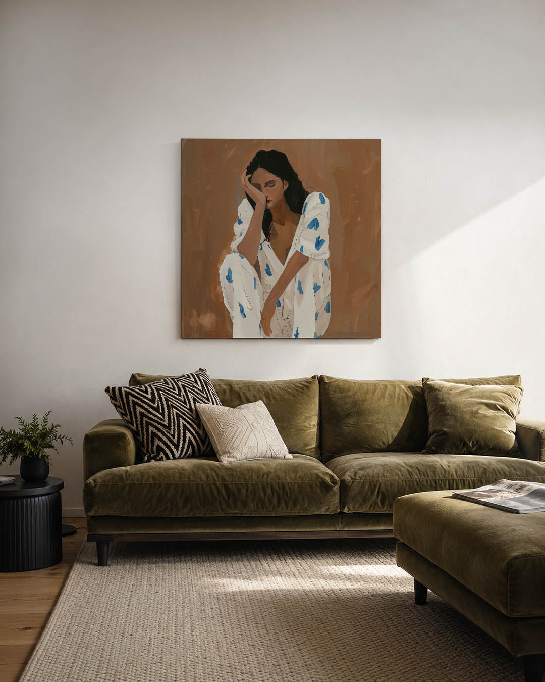 Dromerige vrouwenzitting kunstwerk – derde productweergave – dit kunstwerk toont een vrouw in een contemplatieve houding