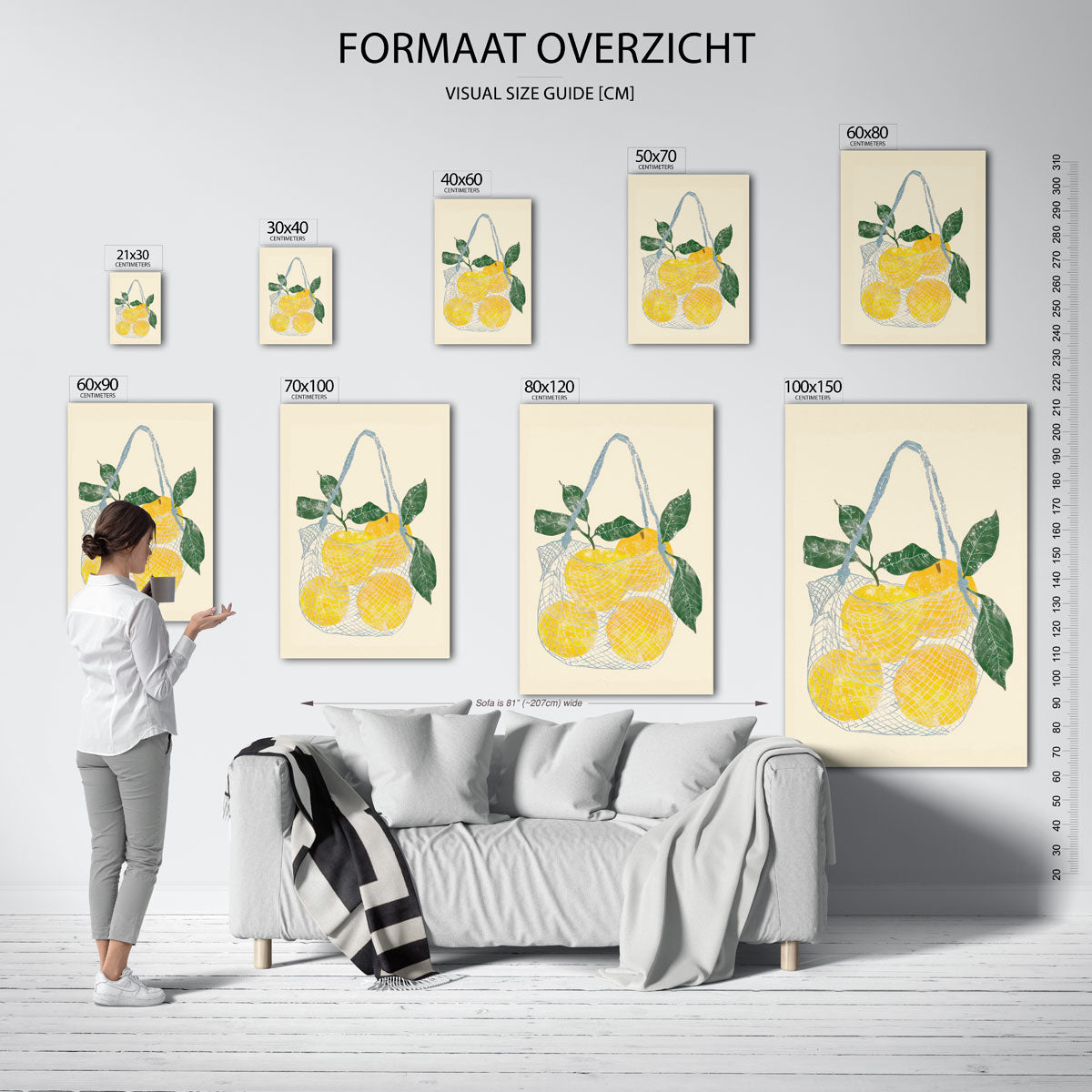 Citroenen in net – staande muurposter met kleurrijke illustratie