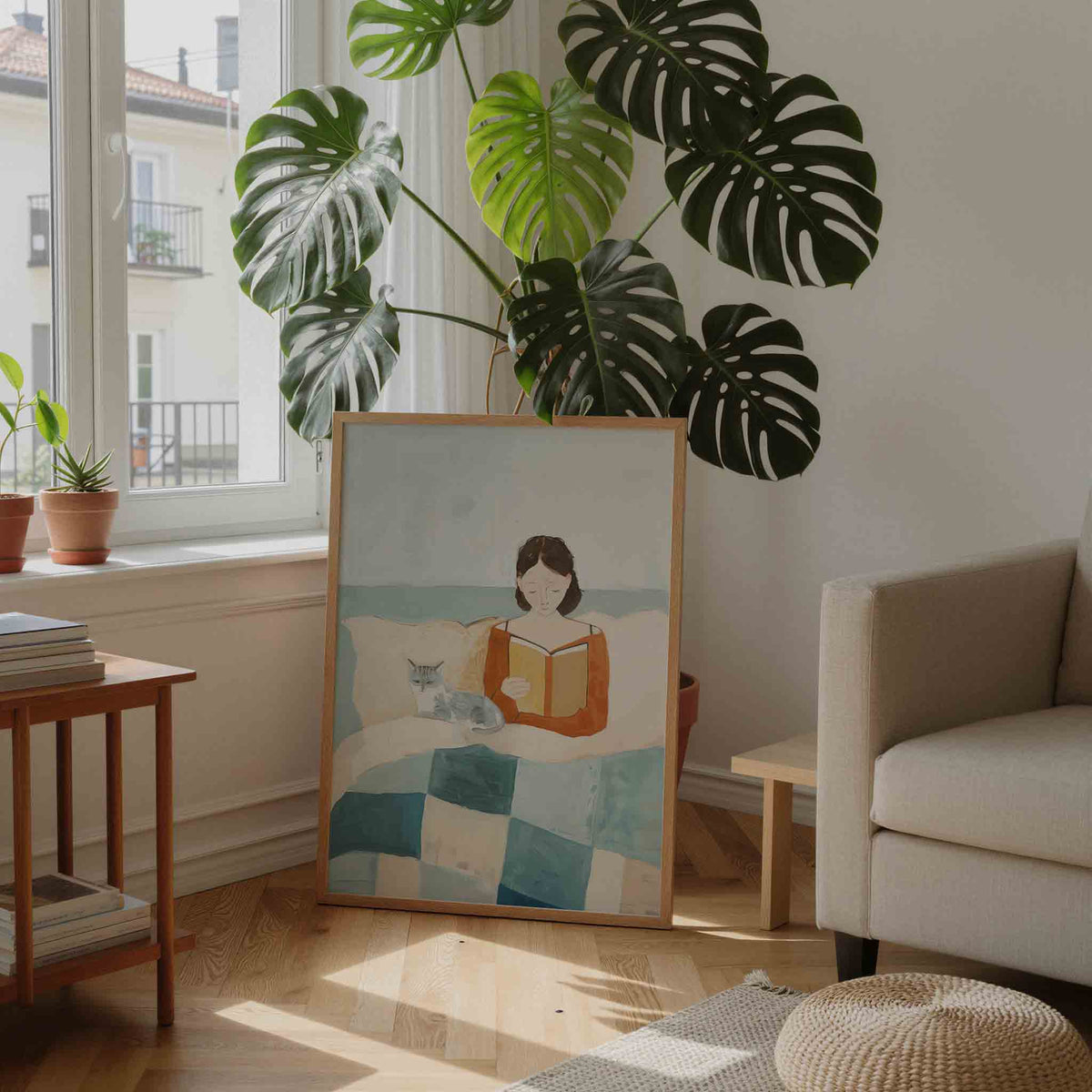 Lezende vrouw met kat – moderne illustratie als portret poster