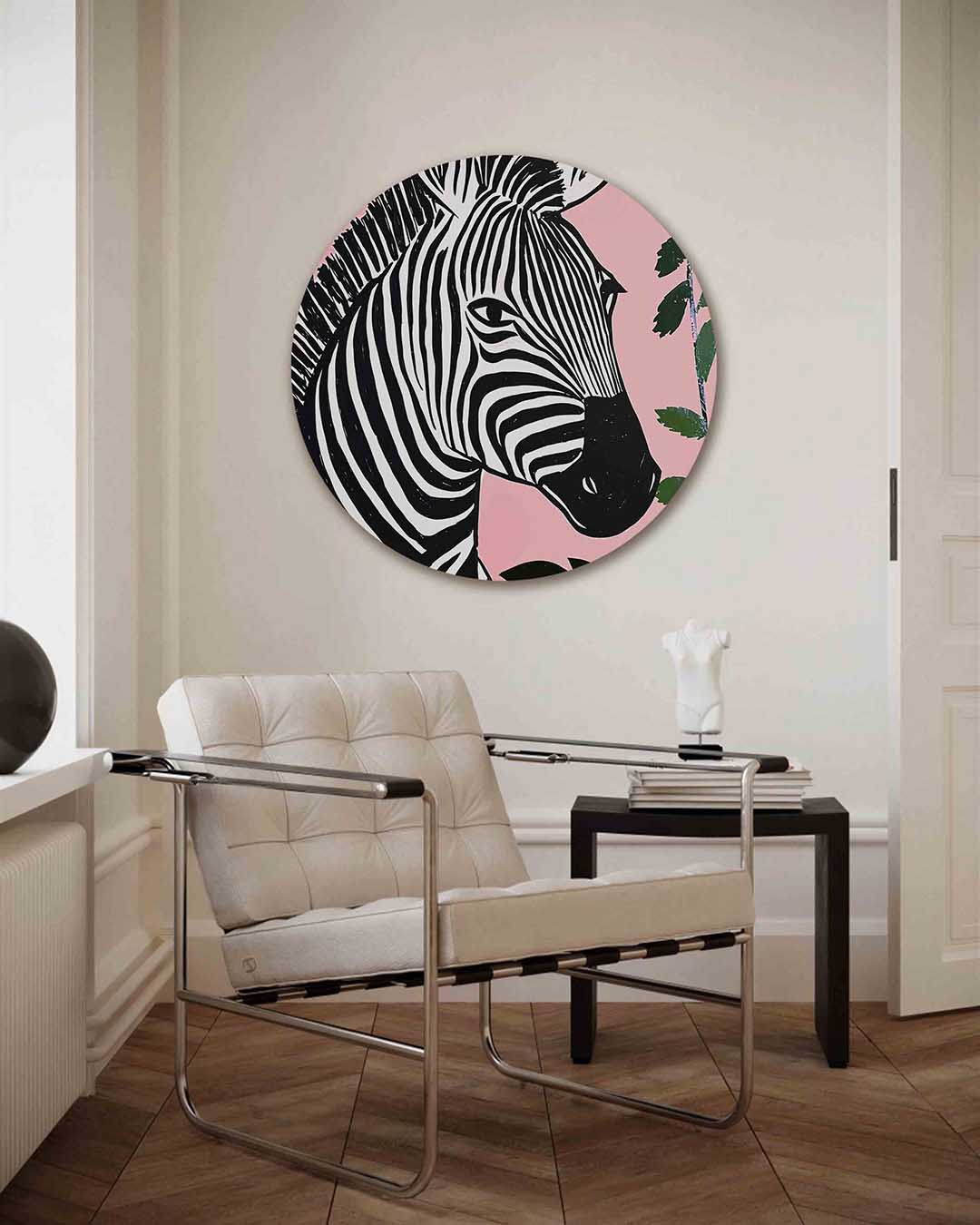 Zebra op roze – kleurrijke illustratie muurcirkel als wanddecoratie