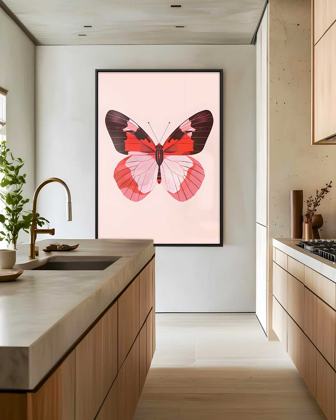 Rood-roze Vlinderpracht – modern portret kunstwerk van WallArtistic