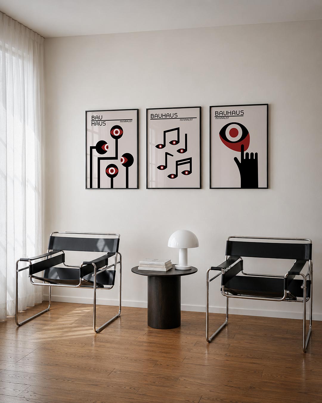 Oogvormen en lijnen driedelige posterset – deze posterset in drie delen toont een spel van zwarte lijnen en cirkels met rode