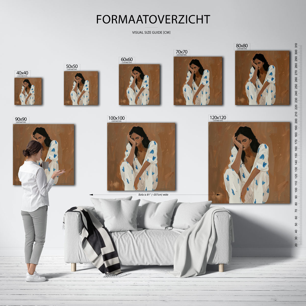 Zittende vrouw met blauwe accenten – vierkante muurposter met kunst en design