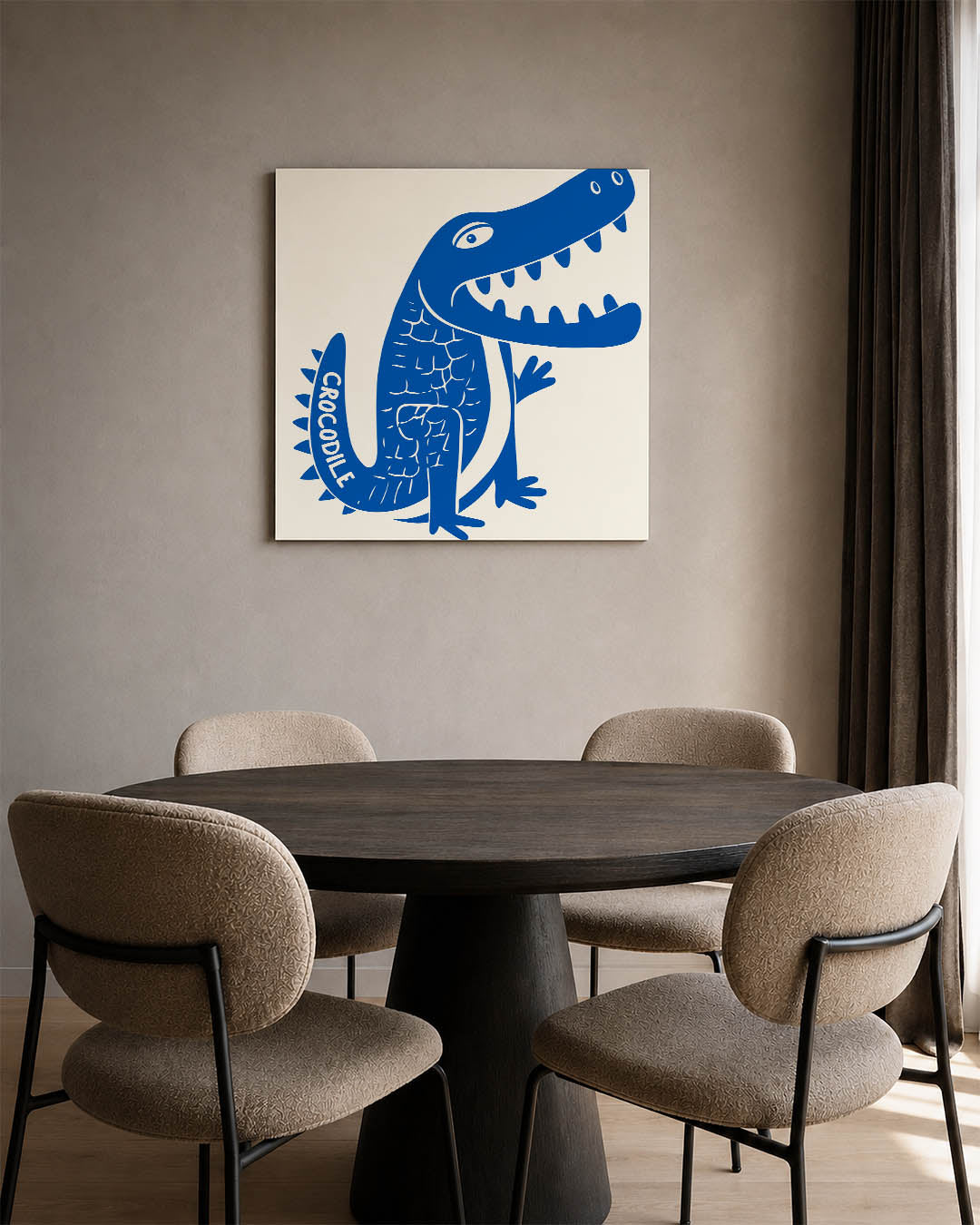 Speelse krokodil illustratie kunstwerk – derde productweergave – dit werk toont een speelse blauwe krokodil met een grote