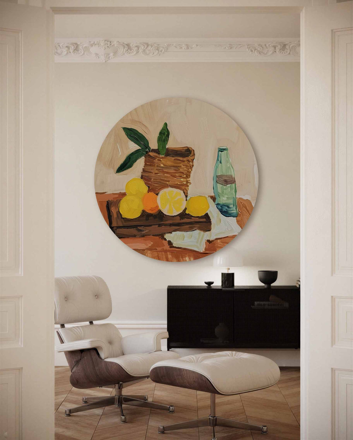 Fruit en fles – muurcirkel met kleur en vormen voor aan de muur